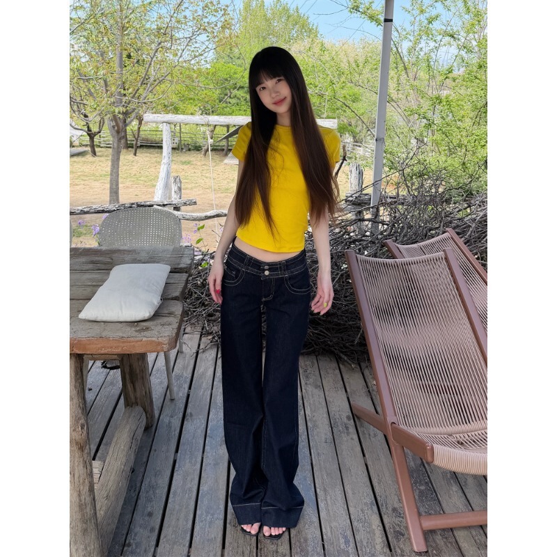 Original Color Low-Waist Flared Jeans for Women, Summer 2026 Trendy Versatile New Style, Dark Blue Straight-Leg Flared Pants
