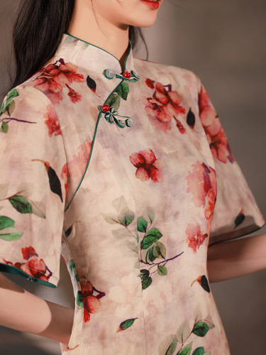 Red Green floral Chinese Dress Qipao Cheongsam Dresses For Women Girls breathable restoring ancient ways improved qipao dress 