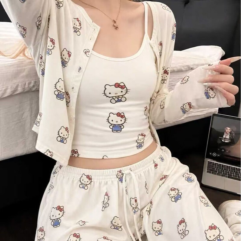 Korean-style, high-end, cute kitten-themed pajama set for girls, featuring a spring/autumn design with a camisole top and long pants, a stylish three-piece loungewear set