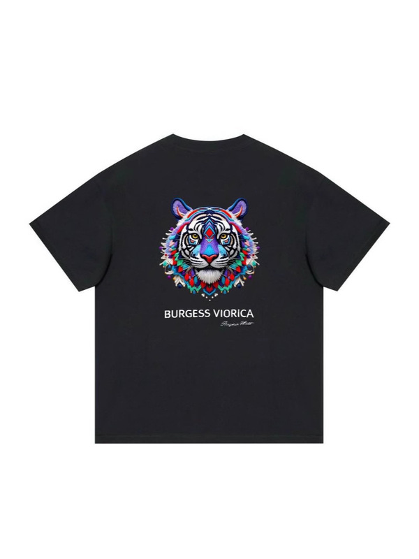 アメリカンレトロトレンディなコントラストカラーのタイガー刺繍ラウンドネック半袖Tシャツカップル夏ルーズカジュアルコットントップ|undefined