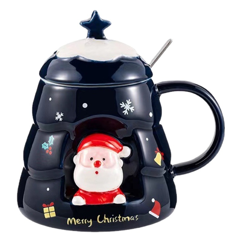 Creativo personalizado Navidad en relieve Taza de cerámica con tapa cuchara hogar taza de beber regalo taza de café de dibujos animados