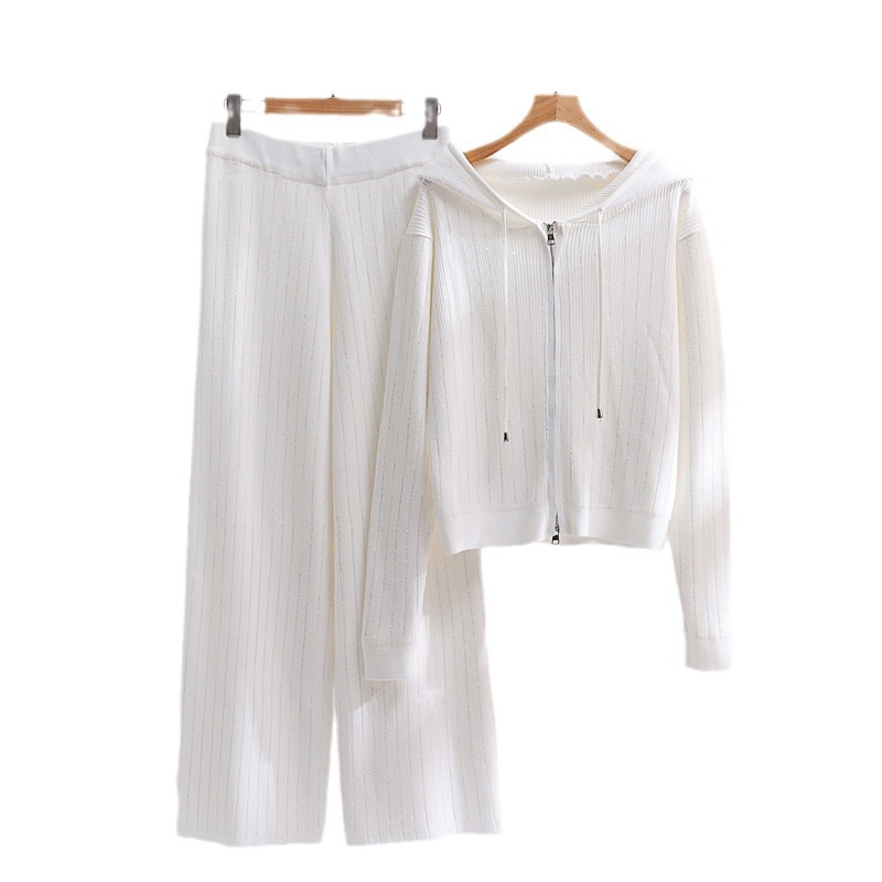 Women's Clothing Fashion casual hot diamond suit women's loose hooded cardigan top wide leg pants knitted two piece suit_voghion.com