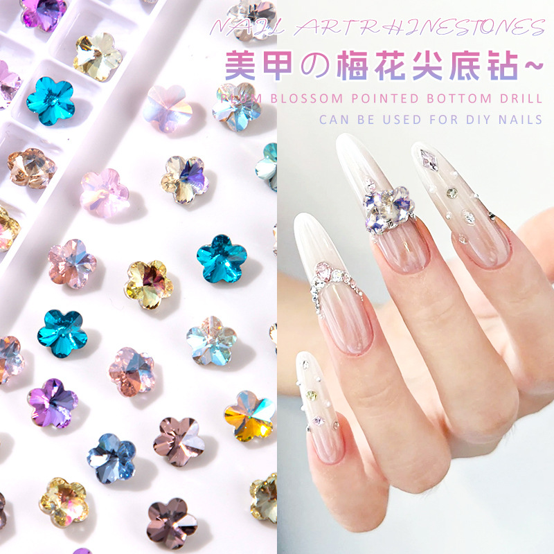 K9 Super Flash Plum Blossom Manicure Pointed Diamond DIY Handmade Flower Nail Diamond Wearable Nail Special-Shaped Nail Art Jewelry Wholesale