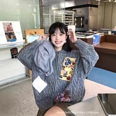 25秋冬新款复古艺术贴布熊翻领针织开衫女宽松毛衣上衣女