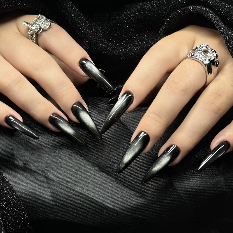 Wearable Nails in European and American Style, Long Pointed Shape, Simple Solid Color, Black Glitter Cat Eye, Removable Finished Fake Nail Patches Wearable Nails in European and American Style, Long Pointed Shape, Simple Solid Color, Black Glitter Cat Eye, Removable Finished Fake Nail Patches