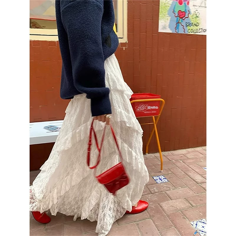 Белая кружевная юбка не прозрачная, новая летняя женская юбка 2025 года, утягивающая, А-силуэта, длинная, драпированная, кружевная юбка-тортик