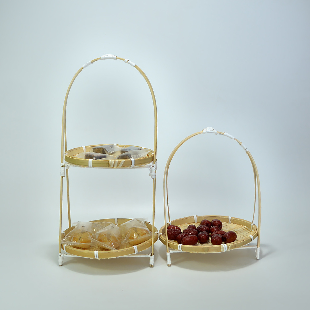 Cesta de bambú cesta de postre cesta de doble capa de pastelería de dos capas placa giratoria mesa de compromiso Cesta portátil restaurante estante de almacenamiento