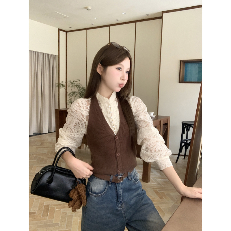 早秋法式复古风挂脖针织衫休闲外搭背心马甲两件套女|undefined