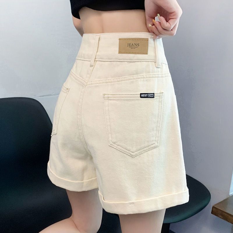 オフホワイトデニムショートパンツレディース夏薄い刺繍入り新しいルーズスリムAライン超ハイウエストカールホットパンツ|undefined