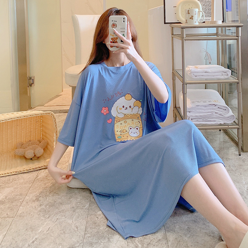 plus size nightgown women's summer short sleeve cartoon thin chubby girl girls loose pregnant women 300kg home clothes ice silk rib