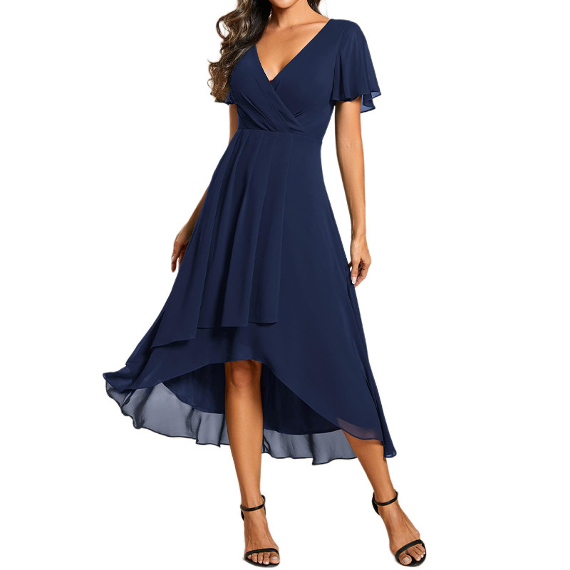 Amazon New Women's European and American Pure Color V Neck Ruffled Short-sleeved Chiffon Dress Banquet Bridesmaid Dress Amazon New Women's European and American Pure Color V Neck Ruffled Short-sleeved Chiffon Dress Banquet Bridesmaid Dress