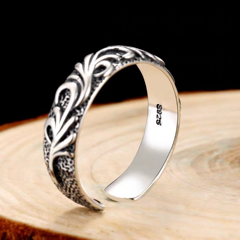 Silver Plated Open Ring Men's Single Domineering Tang Grass Pattern Ring Personalized Retro Hip Hop Thai Silver Fashionable Male Student