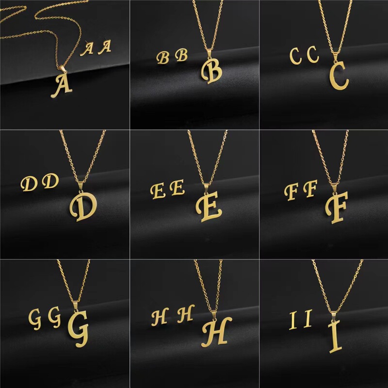 European and American Cross-Border Fashion Stylish 26-Letter Stainless Steel Color-Preserving Pendant Necklace and Earrings Set