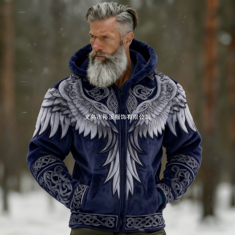 Amazon cross-border European and American new style flannel 3D printed fashionable winter warm hooded zip-up sweatshirt for men Amazon cross-border European and American new style flannel 3D printed fashionable winter warm hooded zip-up sweatshirt for men