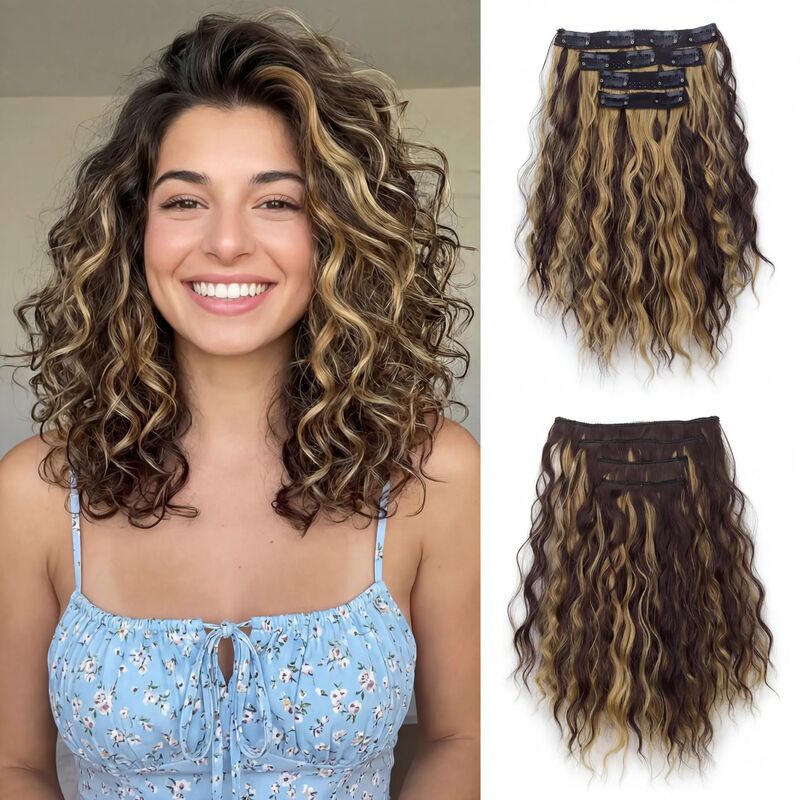 Cross-Border Foreign Trade European and American Hot-Selling Wig Set of 4 Short Water Wave Bb Clip-In Hair Extensions 4-Piece Hairpiece Wig