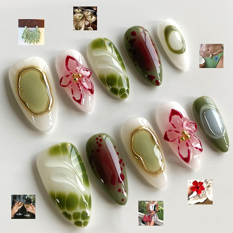 30片3D立体鎏金花朵波点穿戴甲欧美热销成品甲片穿戴甲跨境nails