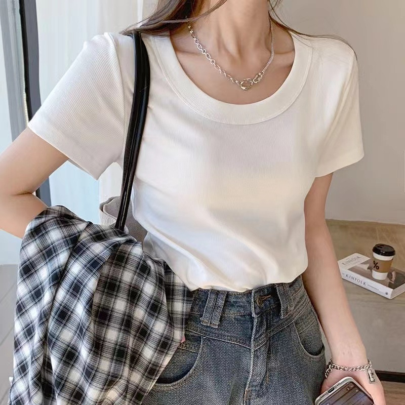 Cross-border Fashion European and American New Fashion White Short-sleeved T-shirt Women's Summer Round Neck Shoulder Threaded Top