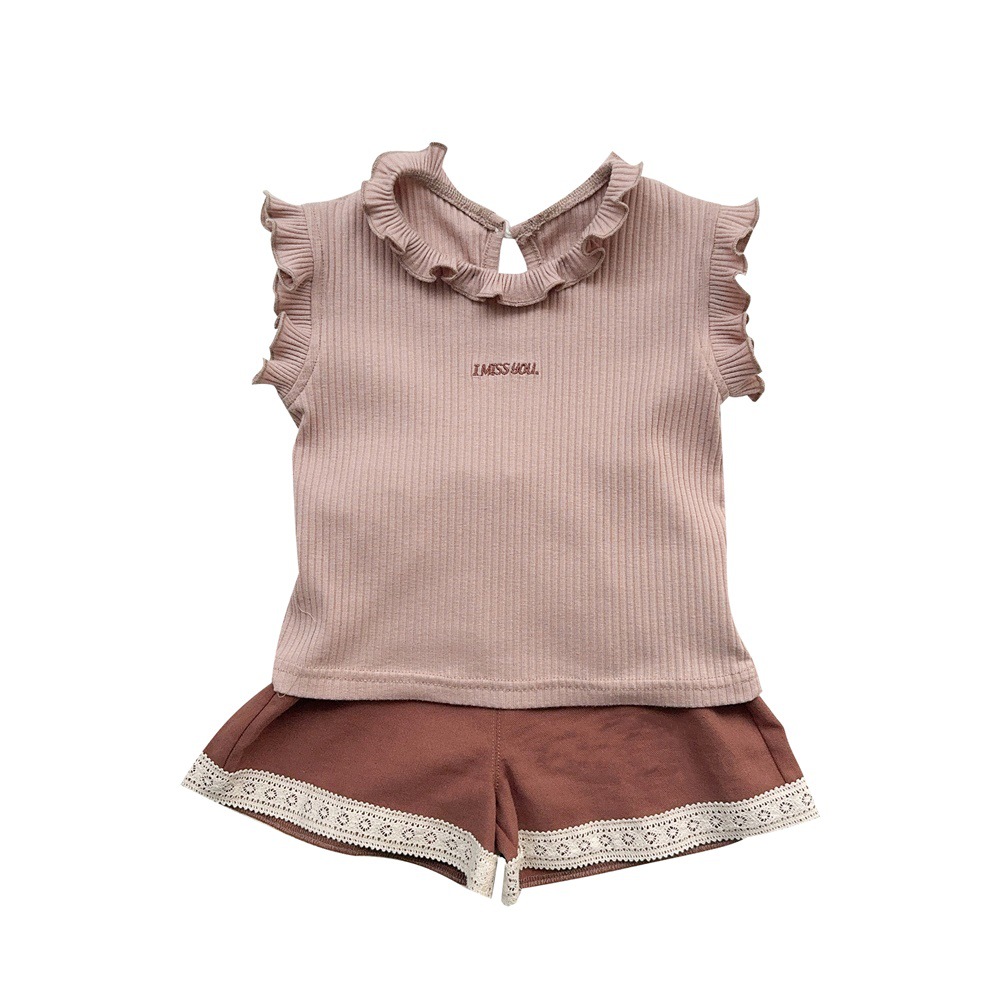 Verano estilo princesa dulce color sólido ropa de salida de bebé sin mangas top traje de pantalones cortos de encaje