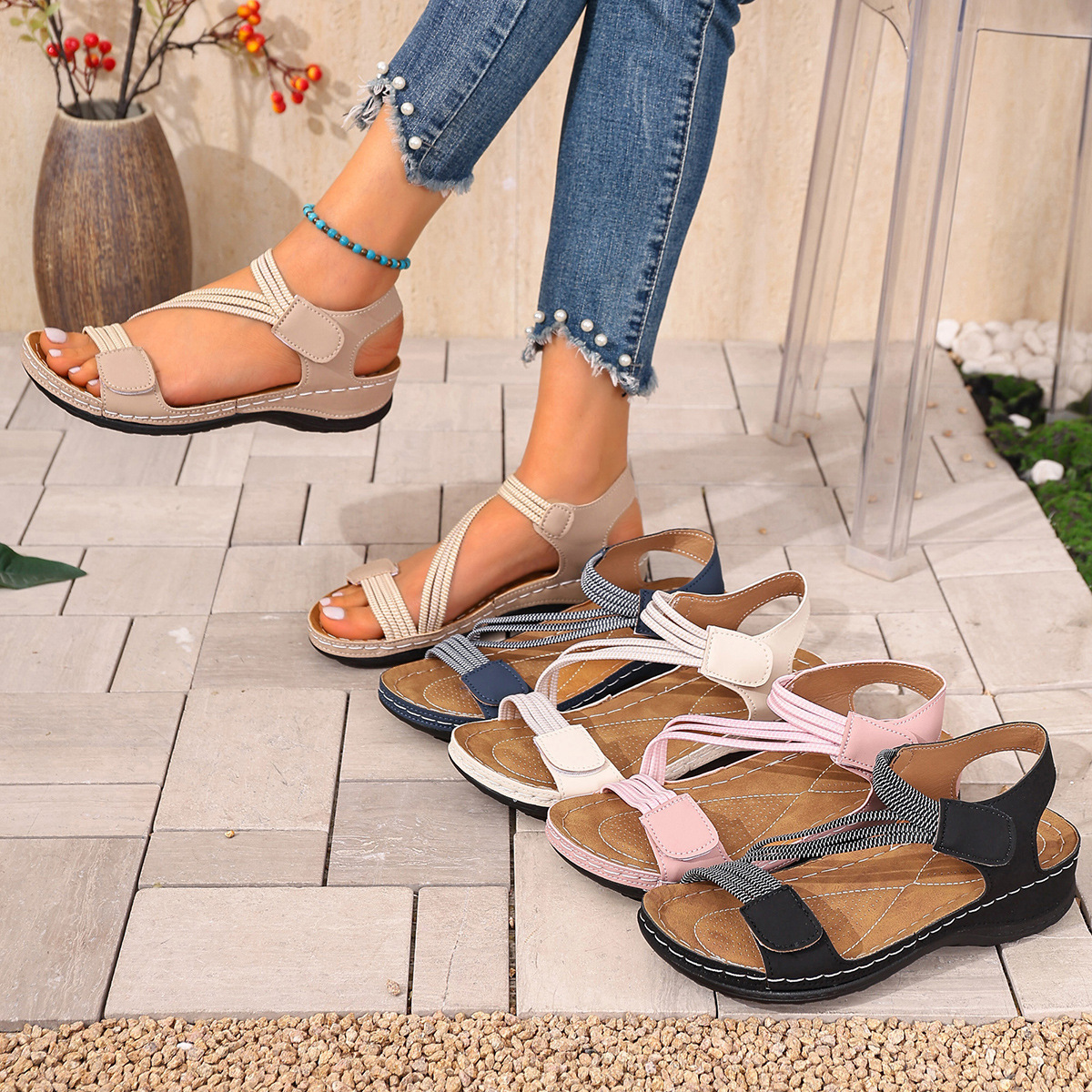 summer fashionable sandals wedge heel with velcro platform