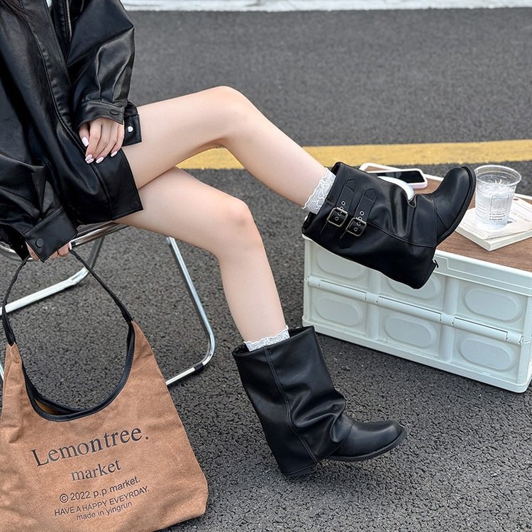 褶皱堆堆靴女2025年秋季新款黑色美拉德中筒靴女西部靴机车马丁靴|undefined