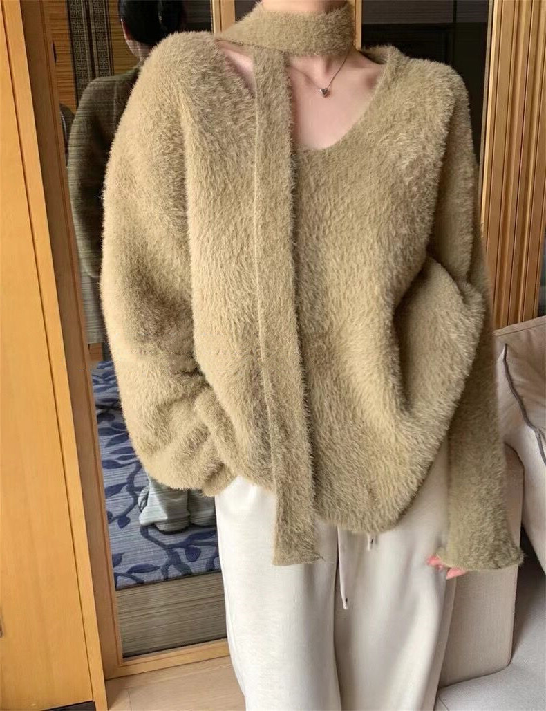 Sciarpa con scollo a V in stile coreano con pullover in pelliccia di visone, morbida maglia appiccicosa per l'autunno e l'inverno delle donne_voghion.com