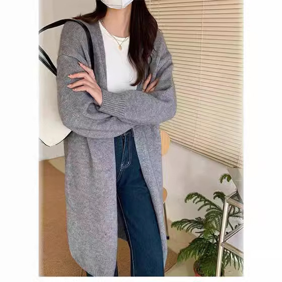 Women's Knitted Cardigan for Spring and Autumn, Simple New Style, Loose Fit, Mid-Length, Over-the-Knee Sweater Coat Women's Knitted Cardigan for Spring and Autumn, Simple New Style, Loose Fit, Mid-Length, Over-the-Knee Sweater Coat