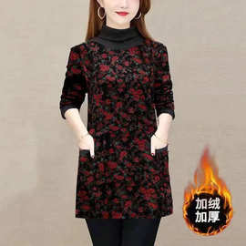 跨境20234袋秋冬加绒加厚中老年妈妈装新款洋气长袖加绒打底衫女
