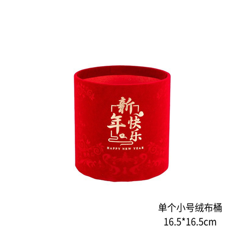 Barril de Año Nuevo cubierto de doble redondo estampado dorado rojo abrazar barril de tela de terciopelo al por mayor barril de flores de flores de Año Nuevo