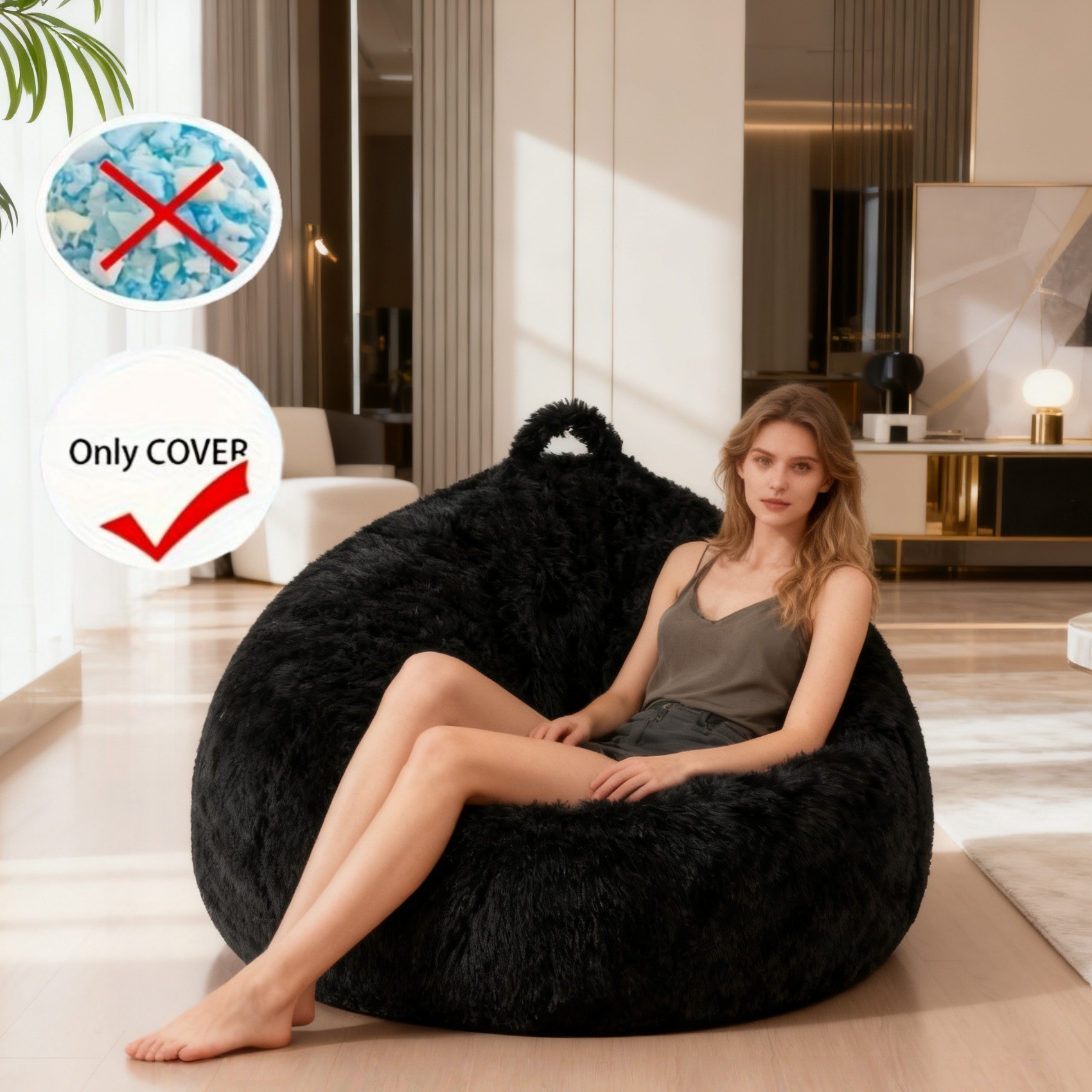 3ft Fluffy Stuffed Stuffed Toy Storage Bean Bag Chair Cover (No Filler), Artificial Fur Plaid Lazy Sand