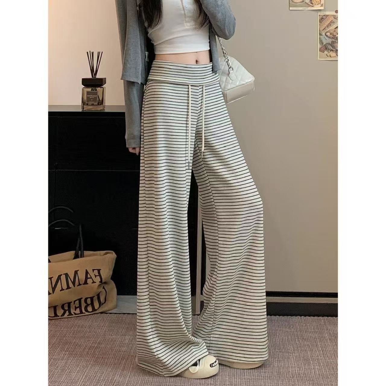 [Original Quality] High-Waisted Floor-Length Straight Pants, Lazy Style Stripesd Casual Pants for Women, Versatile Loose Wide Legs in Autum