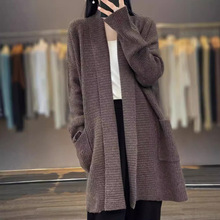 加厚秋冬新款翻领坑条双口袋无扣宽松舒适100%羊毛中长款针织开衫