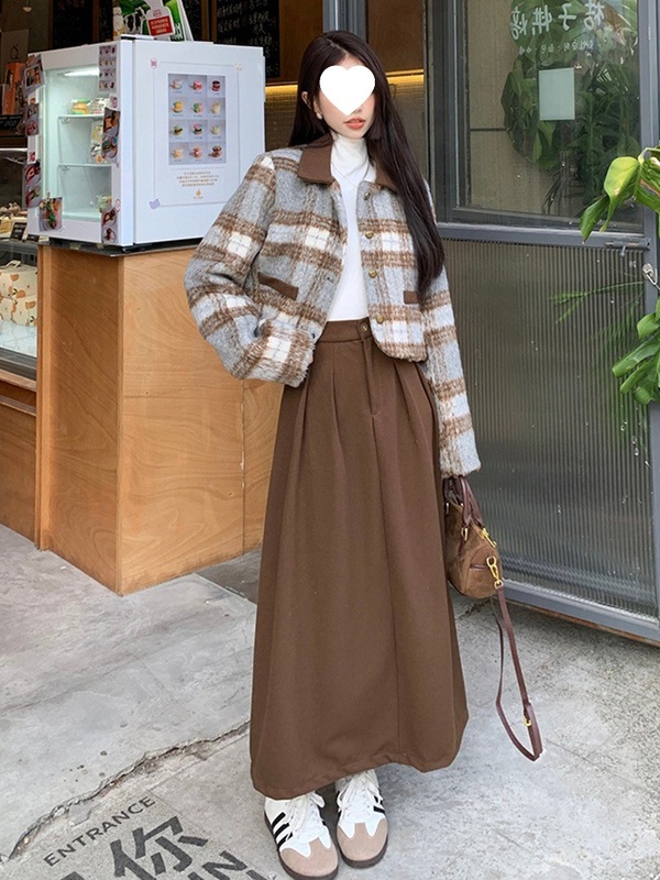 秋冬季复古两件套加厚毛呢高个子套装短外套女百褶长裙时尚套装裙|undefined