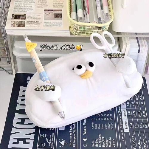 Seagull pencil bag, funny niche pencil bag, sand sculpture plush stationery bag, large capacity milkfu ins style student storage box