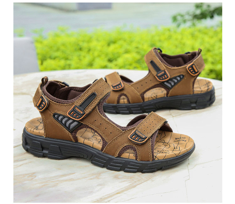 Dép sandal nam da bò hở mũi đế dày, quai buộc thoáng khí cỡ lớn — màu đen, vàng, Màu nâu chi tiết 23