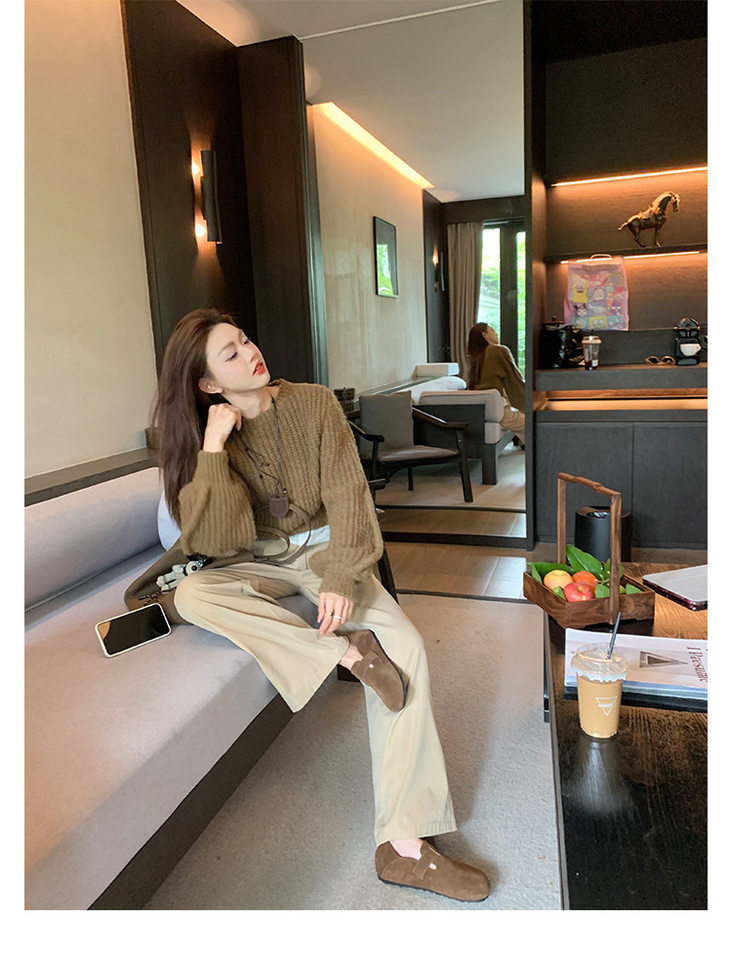 Giày lười nữ da thật lót lông cừu đế dày, giày slip-on cổ thấp giữ ấm mùa đông — Hàng sẵn sàng nhung đỏ, Khaki cộng với nhung sẵn có, Màu nâu cộng với nhung sẵn có, Nhung nâu có sẵn chi tiết 11