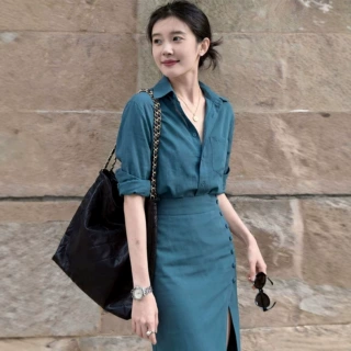 蓝色衬衫女上衣小个子2026流行穿搭一整套夏季减龄漂亮时尚套装裙