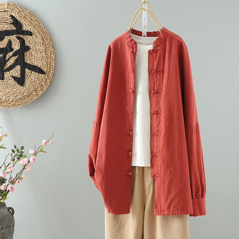 Real Shot of New Chinoiserie Hong Kong Style Zen Hand-Buttoned Cotton and Linen Pure Color Stand-Up Collar Long-Sleeved Top Women's Shirt Outer Wear