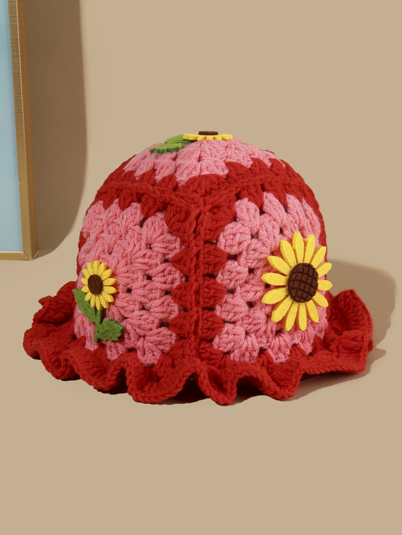 Cappello da pescatore con girasole tessuto a mano, autunno e inverno, carino cappello infantile con bordo a fungo, in lana all'uncinetto_voghion.com