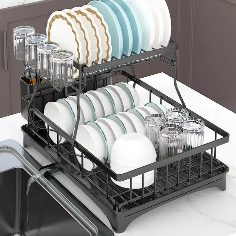 Cocina transfronteriza lavabo platos rack cubierta platos rack de doble capa platos rack multifuncional drenaje rack de almacenamiento rack