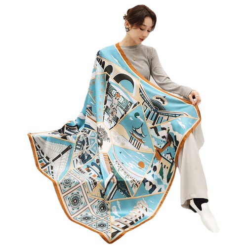 Chinese style ancient building color matching silk scarf large square scarf 110cm travel shawl sun protection scarf decorative versatile scarf
