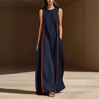 亚马逊2026欧美跨境女士春夏亚麻无袖宽松时尚侧边撞色条纹连衣裙