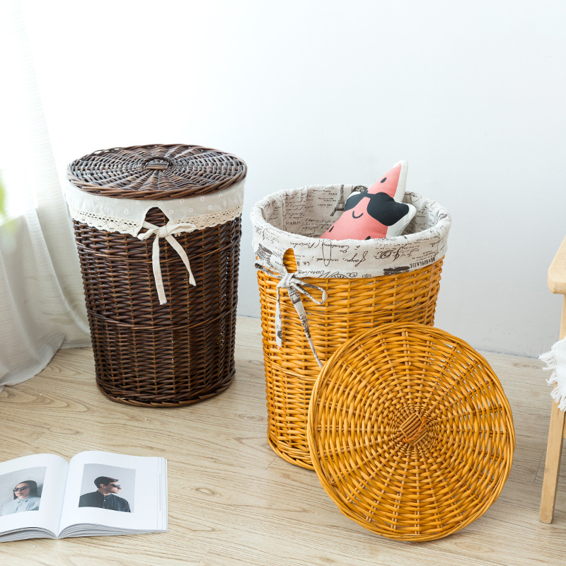 Cesta de lavandería de mimbre cesta de lavandería con tapa cesta de almacenamiento de ratán grande tienda de olla caliente tejida cubo de lavandería al por mayor