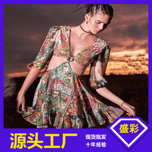 2025秋冬新款欧洲站风景印花连衣裙 镂空吊带数码印花跨境 连衣裙