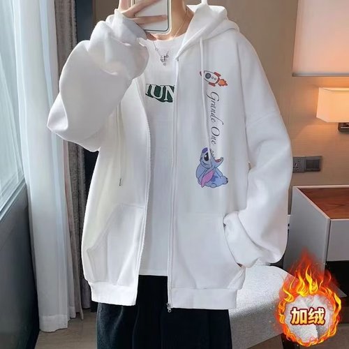 Chino Brand Zip-Up Hoodie with Fleece Outerwear for Men, Hong Kong Style, Ins Trendy, Youth Casual Cartoon Print Hooded Jacket