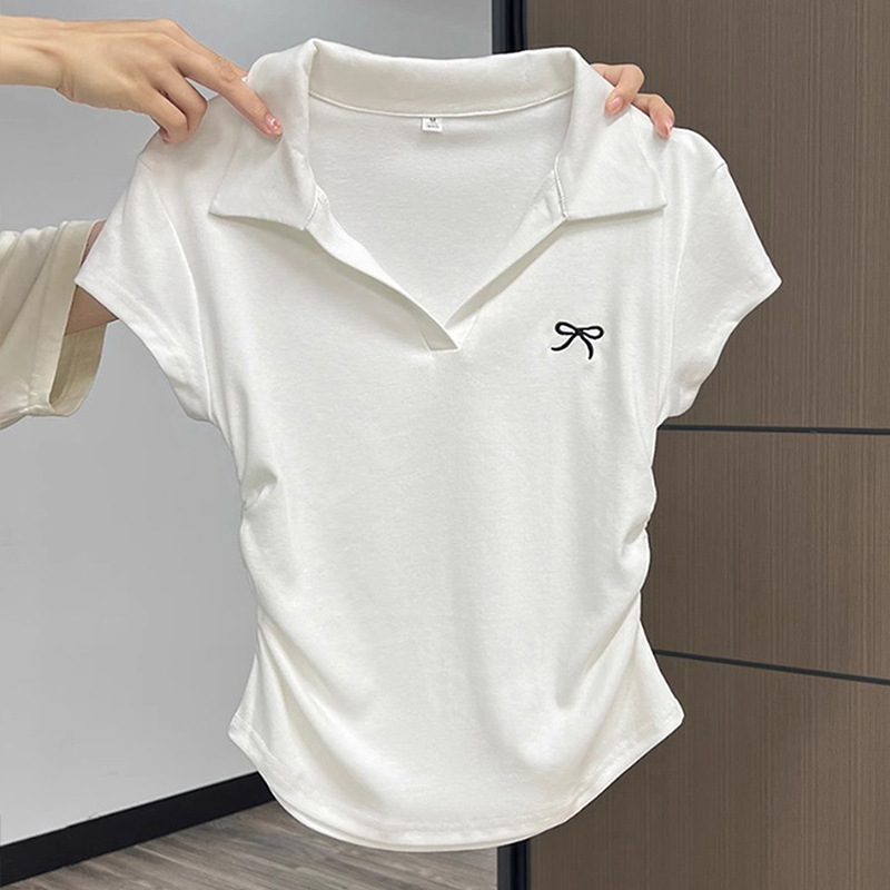 여성용 순면 폴로 칼라 반팔 티셔츠, 여름용 플러스 사이즈 바닥 셔츠, 뚱뚱한 mm 슬리밍, 고급 주름 짧은 탑