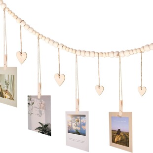 Photo Hanging Wooden Beads String Wall Decor with Clips and Heart Shaped Wood Chips