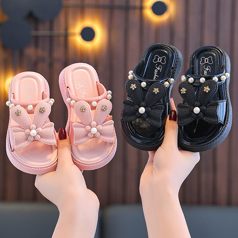 Zapatillas para niños verano Internet celebridad dibujos animados lindo antideslizante suave Fondo niños princesa arco perla cadena zapatillas