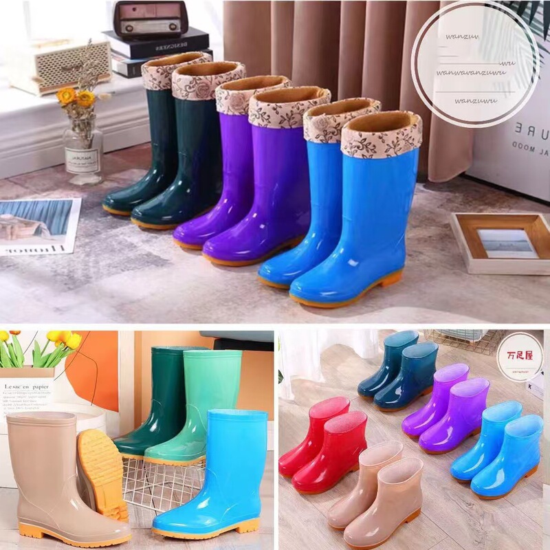Rain boots Women's adult tendon bottom mid-high rain boots non-slip water shoes warm fleece-lined short water boots rubber shoes wholesale