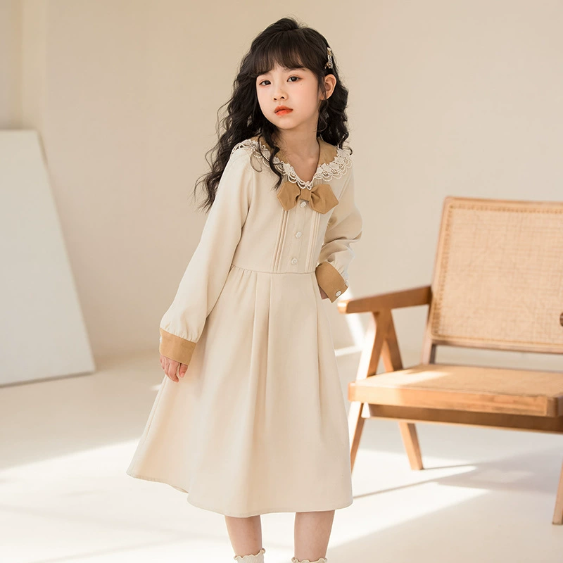 Autumn dress, fashionable bow tie, long-sleeve for leisure, skirt, western style, for teenagers