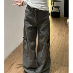 灰色阔腿工装裤女秋季新款胖mm大码宽松梨型身材显瘦直筒牛仔裤子
